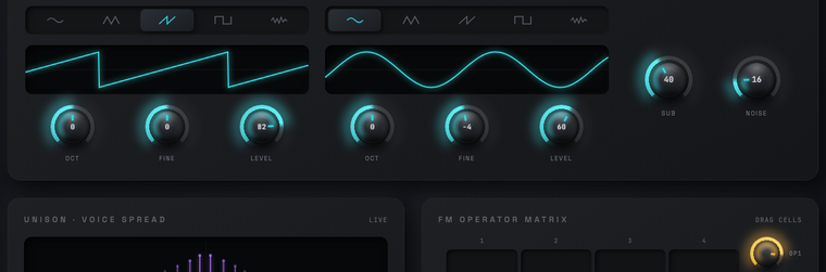 Synth board — oscillators, filters, envelopes, FM matrix
